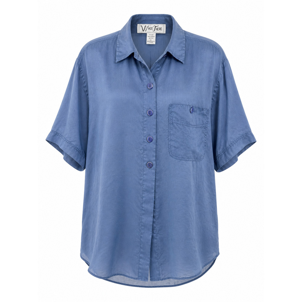 Blue Silk Sheer Button Front Camp Shirt Minimalist Lightweight Blouse Large